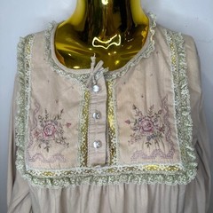 Vintage Fairycore Long Sleeve Dress Nightgown Floral Embroidery Lace Trim Maxi L