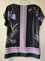 Vintage 70’s 80’s Black Jersey Silk Painterly Orchid Pinstripe Borders Size S