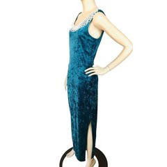 Vintage 90s Crushed Velvet Mermaid Green Wiggle Dress Pearl Collar All That Jazz
