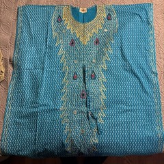 S2 VTG Bhuri Garments Bombay Kaftan Long Drawstring Dress blue and gold