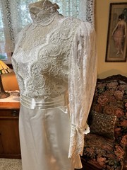 VTG 80s JESSICA MCCLINTOCK White Lace Victorian Wedding Dress High Neck 36x30x38