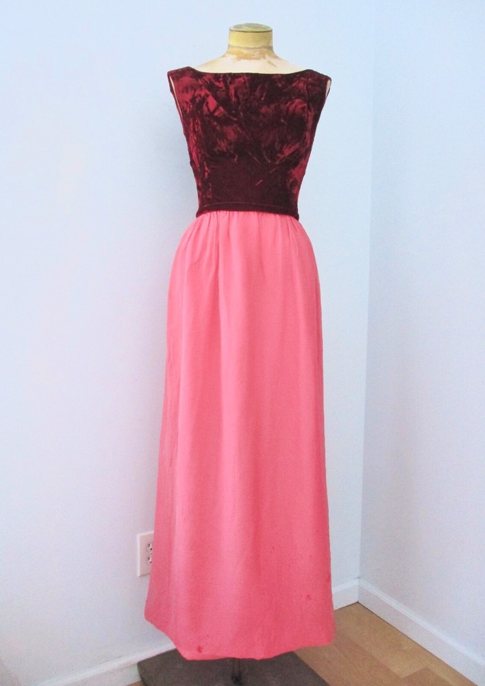 Vtg 50s 60s Burgundy Velvet Pink Chiffon Maxi Dress Prom Formal Evening Gown XS