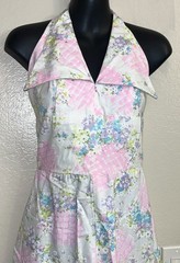1970s 70s Vintage White Pink Purple Blue Flower Halter Dagger Collar Jumpsuit