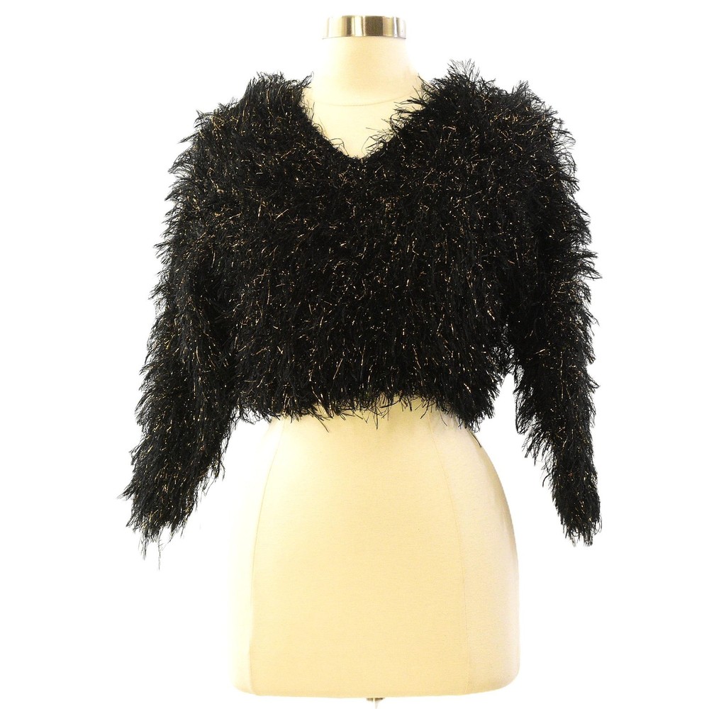80s Vintage Black Gold Eyelash Knit Cropped Sweater Womens S Shag Metallic Top