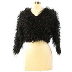 80s Vintage Black Gold Eyelash Knit Cropped Sweater Womens S Shag Metallic Top