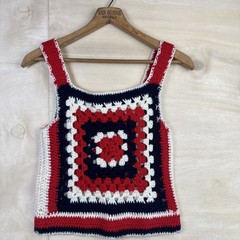 Vintage 60s/70s Crochet Granny Square Tank Top Handmade 12.5X18 Festival Boho