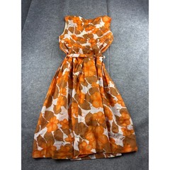 VTG 60s Orange Floral Tank Fit Flare Dress Mid Century Modern Retro Tropical XS