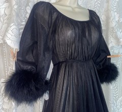 VTG NWOT M GLAM Black JENELLE DB Sheer Chiffon Nylon Nightgown Negligee MARABOU
