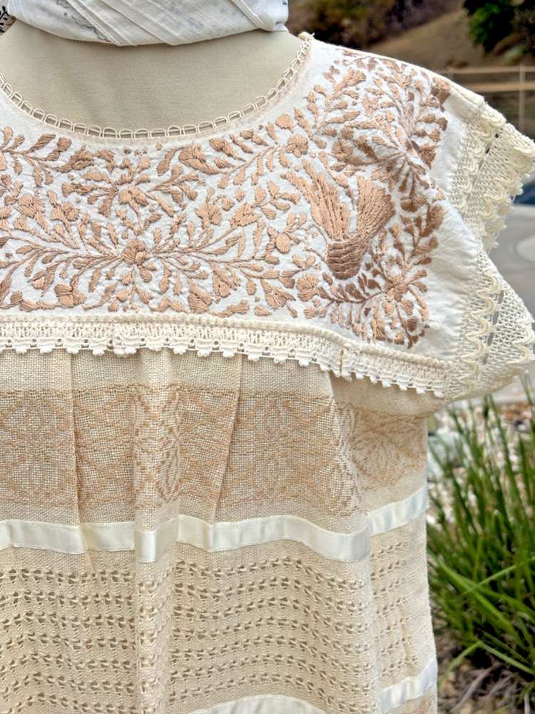 Vintage 1970s Mexican Huipil Embroidered Natural Linen Burlap Dress M