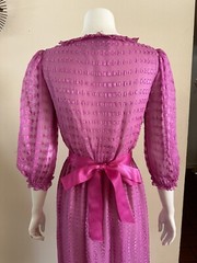 1980s Neiman Marcus Pink Sheer Ruffle Wrap Dress Ribbon Belt Petite Vintage