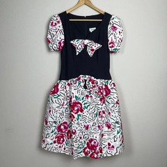 Vintage A La Mode Dress Puff Sleeve Bow Floral Print Dark Navy Size 5/6