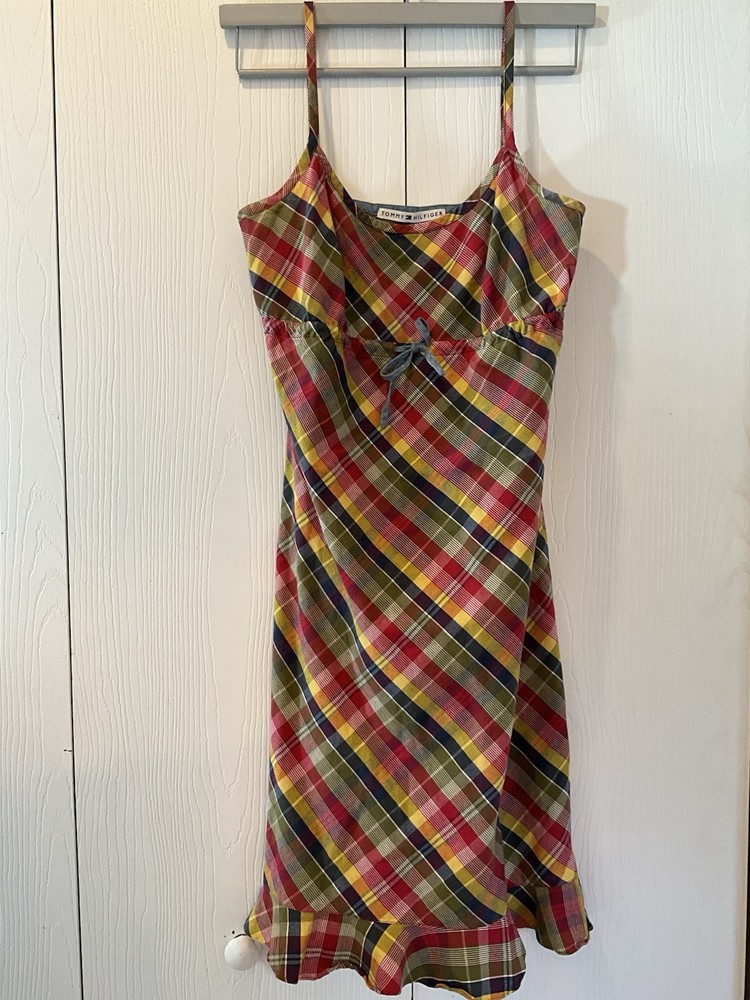 Womens Vintage y2k 2000s Tommy Hilfiger Plaid Cotton Slip Dress Empire Waist 10