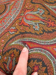 Antique Paisley Tapestry Kashmir Robe or Jacket Red Orange Fringe AS IS