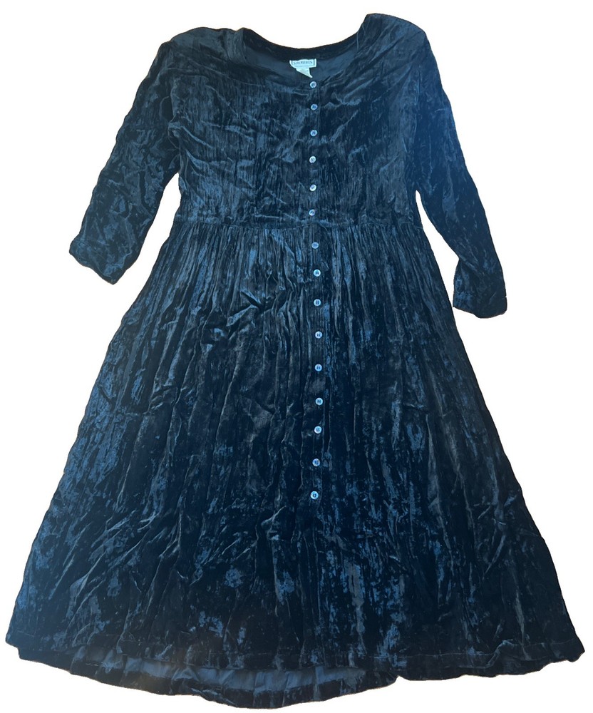 Vtg 1990s Crushed Black Velvet GOTH Long Dress W Mother Of Pearl Buttons 13/14