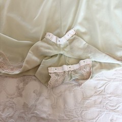 Vtg Movie Star Satin Teddy Romper Mint Green Lace Nylon USA 34 Coquette 70s Snap