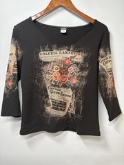 Yukiko Y2K Black Floral Paris Shirt Women’s Size Medium Enhanced Lace Jewels