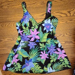 Hawaiian Tropical Gabar Vtg 80s 1pc Skirted Swimsuit 14 Floral Modest Swimwear