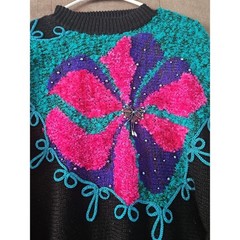 VTG Jaclyn Smith Knit Sweater L Black Teal Pink Abstract Beaded Butterfly 80s 90