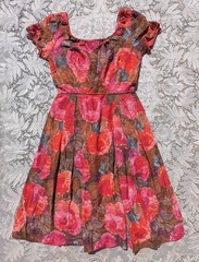 Vintage 50s 60s Pat Premo Rockabilly Red Brown Watercolor Abstract Floral Dress