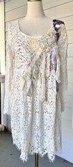 M L Vintage Ivory Lace Cottage Core Victorian Tunic Dress Pearls Ribbon Beads