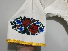 Vintage Hand Embroidered Beaded Folk Dress Robe White Floral Yellow Trim