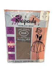 Vintage 1950s Rhapsody Sealed Seamless Mesh Nylon Stockings Size 9.5 Grey Mist