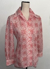 Vintage 70’s Psychedelic Blouse Hippie Disco Orange & White Pointed Collar Med