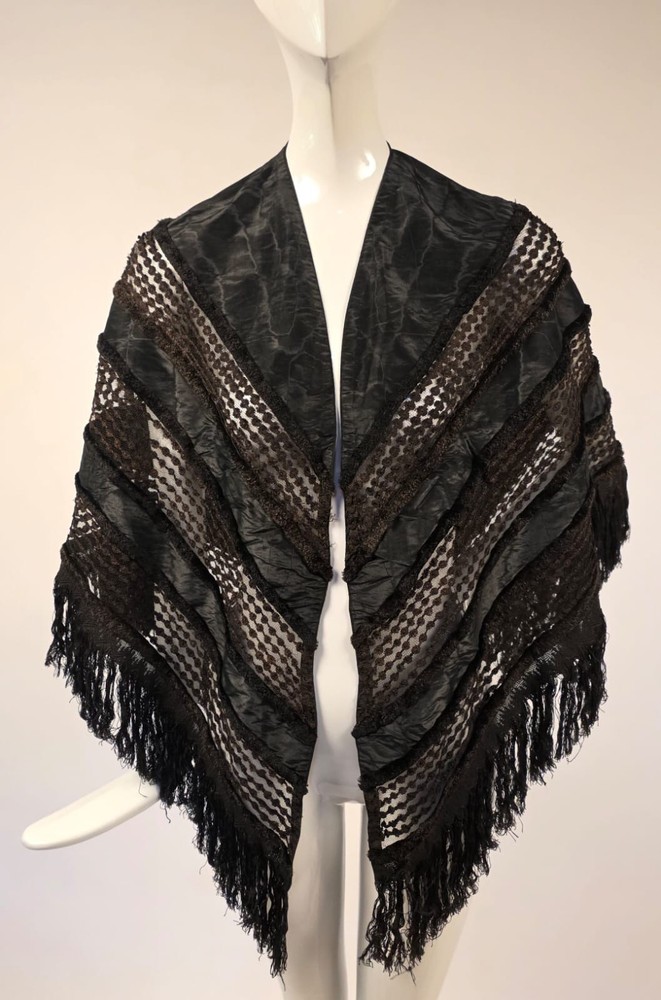 CIVIL WAR 1860’S BLACK WATERED SILK CAPE FOR DRESS W SILK FRINGE