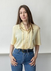 Vintage 90s Pale Yellow Embroidered Blouse Tonal Floral Coquette French Girl M