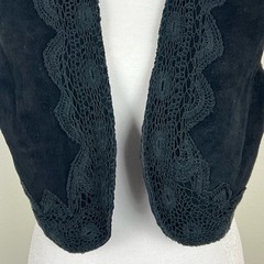 Mona Mode Women’s Genuine Leather Vest Open Front Lace Trim Rodeo Black Small