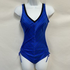 Vintage Robby Len Womens 10 Blue Chevron Stripe One Piece Swimsuit Ruched Tie
