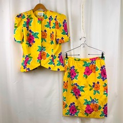 Vintage Raul Blanco 2-Piece Suit Skirt Short Sleeve Jacket, Yellow Floral Sz 10