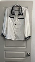 Vintage Jordan New York Faux Leather Trim Button Down 100% Polyester Blouse Sz 8