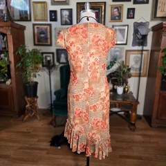 Vintage 90s DBY Floral Print V-Neck Ruffle Hem Midi Dress Orange Tan Womens
