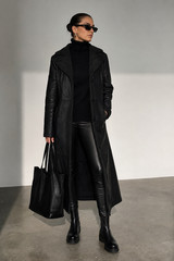 Vintage Leather Coat Real Leather Black Long 90s Teddy Collar Size 38-42