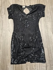 Vtg Black Beaded Sequin Stenay Mini Silk Dress Size 6 Whimsigoth Flapper LBD
