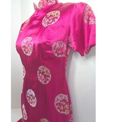 60s Vintage Fuchsia Pink Satin Cheongsam Qipao Dress Dragon Phoenix Brocade Midi