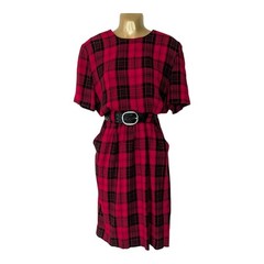 Vintage Rockabilly Dress 80s Does 50s Plaid Red Black Checked Wear to Work L 32W