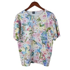 Vintage 90s T-Shirt Size Medium Floral All Over Print top Pearl Yellow Pink Blue