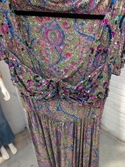 1940’s Cold Rayon Pink Blue Floral Sequin Embellished Dress Side Zip Small