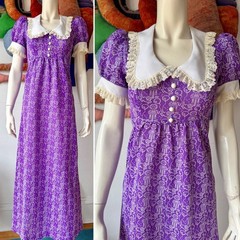 Vintage NOVELTY DRESS 1960s Babydoll Puffed Sleeves Purple Print Kidcore XS / S