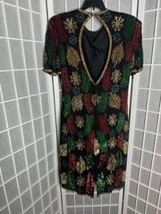 Multi Color Vintage 80s Stars Sequin Beaded Silk Formal Party Dress Medium