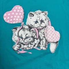 Vintage CMS Casuals Kitten Heart Graphic T-Shirt Teal Green 2X-3X Made in USA