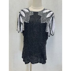 Stenay 100% Silk Beaded Sequin Black White Top Womens 14 Vintage Evening Blouse