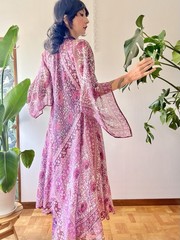 VTG 70s Adini Indian Cotton Metallic Caftan Dress Angel Sleeve Pink Gauze Boho
