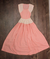 Vtg Women’s 40s Pink W/ White Eyelet Lace Formal Dress 1940s XXS Ball Gown