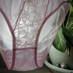 Vintage Silky Nylon Panties Pink Lace Bikini High Leg Brief Size 7-8 Hip 38-42″