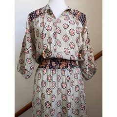 Vintage 70s Midi Dress Boho Smocked Waist Semi Sheer Peasant Batik Block Print