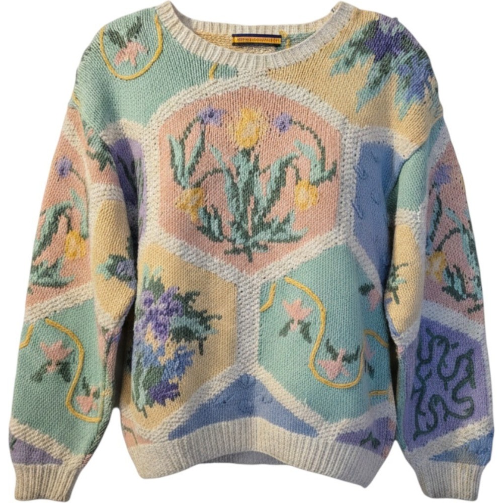 Bryn Connelly Vintage Pastel Floral Patchwork Knit Sweater Cottagecore Crewneck