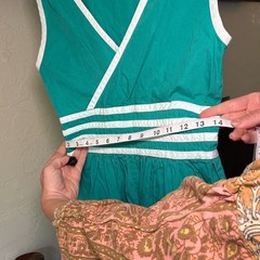 Vintage Lanz Originals Teal Green White Striped Cotton Midi Dress Pockets Sz 10